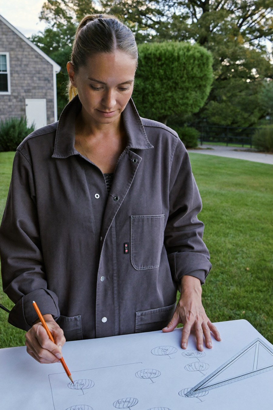 A landscape designer in a grey work jacket marks a hand-drawn planting plan with a pencil on the tailgate of a pickup truck, with a lawn, clipped shrubs and a shingled house behind her