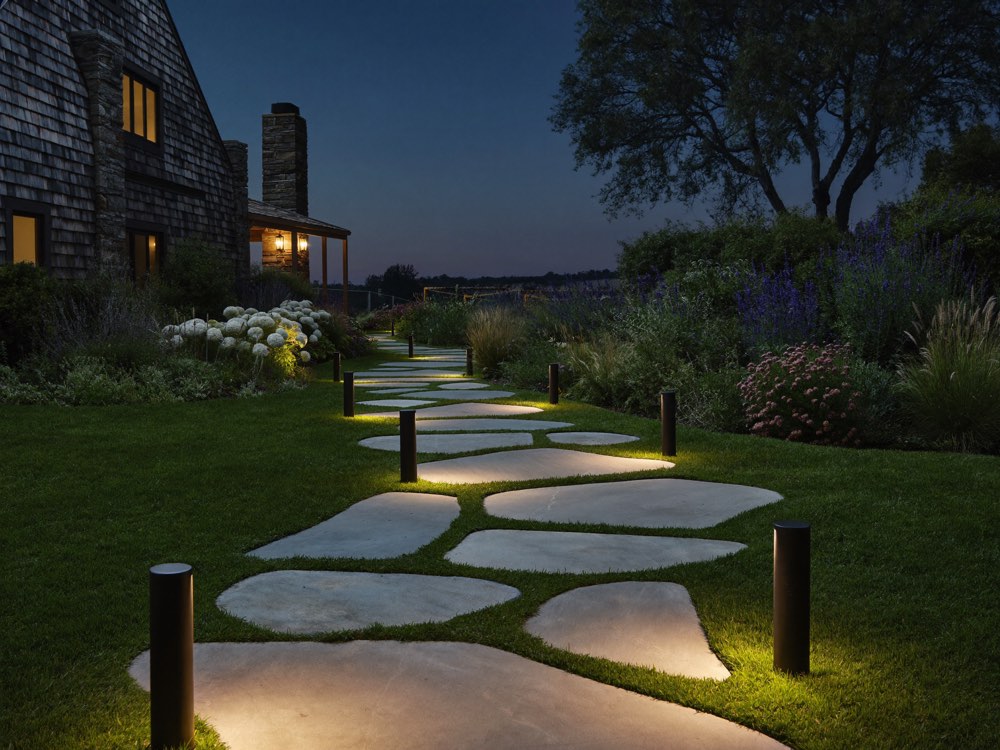 Low dark bollard lights casting warm pools of light across large flat stepping stones set in a lawn at dusk, beside planted borders and a shingled house with lit windows