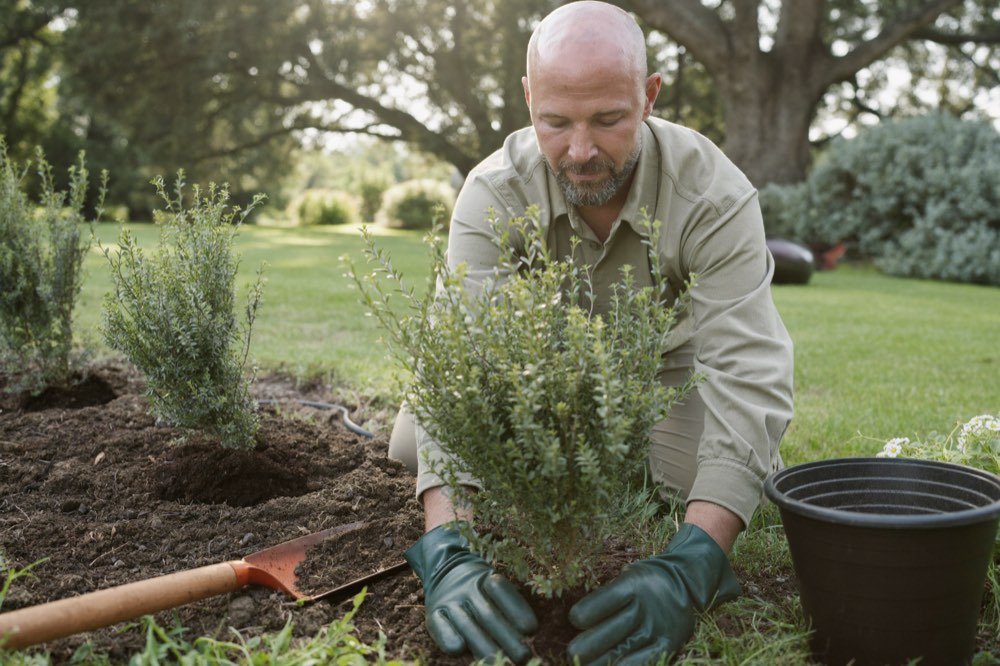 A gardener in a khaki work shirt and green gloves kneels in a freshly dug bed, pressing soil around a newly planted shrub, with an empty nursery pot and a shovel beside him